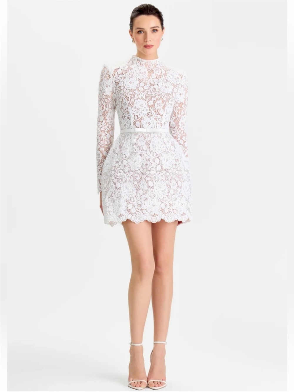 NADINE MERABI Sophie White Floral Lace High-Neck Mini Dress